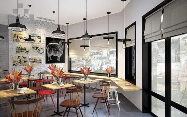 mẫu thiết kế quán cafe phong cách hiện đại phóng khoáng, đẹp