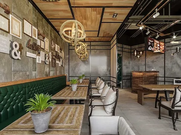 mẫu thiết kế quán cafe industrial kết hợp hiện đại
